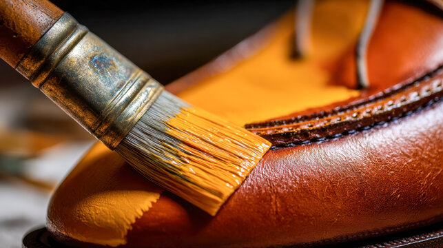 Wooden brush applying rich orange polish on the leather surface of a handcrafted shoe highlighting expert craftsmanship and detailed finishing techniques - Powered by Adobe
