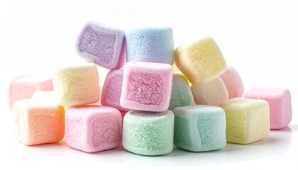 Pile of Pastel Colored Marshmallows on White Background with Soft Lighting Studio Shot Macro Photography Detail