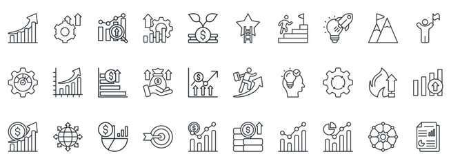 Growth Icon Set. Contains Icons That Are Relevant For Business. Designed In Vector Outline Style