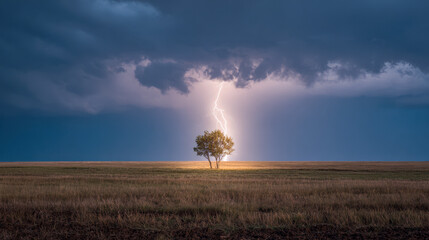 A single tree illuminated by a dramatic lightning strike under dark storm clouds in a vast open grassland during twilight hours