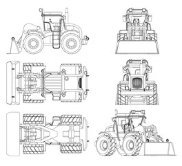 Blueprint drawing of a wheel loader with a large bucket, detailed cab, and sturdy wheels. This contour set is ideal for construction or engineering projects.