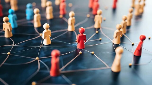 Connected Wooden Human Figures Standing Network Lines On Dark Table. Social Relationship Structure. Team Communication Concept. Human Resources