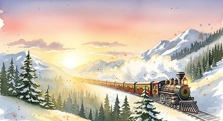 Christmas train travels through snow covered mountains at winter sunset. Christmas train carries festive decorations as it moves through pristine landscape.