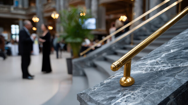 A close-up view of a stunning golden railing at an upscale venue presenting an elegant atmosphere, showcasing architectural design and luxury aesthetics in public spaces.