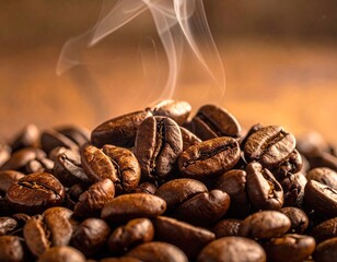 Pile of Steaming Roasted Coffee Beans on Wood Surface in Warm Brown Tones