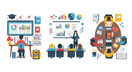 A collection of flat design illustrations showing online education, business presentation, and teamwork.