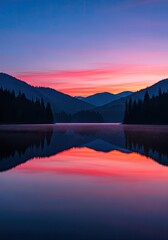 Fototapeta premium Serene Lake at Sunset, Mountain Silhouette and Water Reflection, Pink and Blue Sky