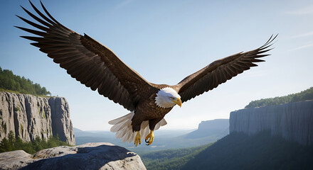 Obraz premium Bald Eagle Flight Soaring Bird Freedom Wilderness Wildlife Predator Bird Of Prey Natural Habitat Open Wings Majestic Bird Scenery Outdoors