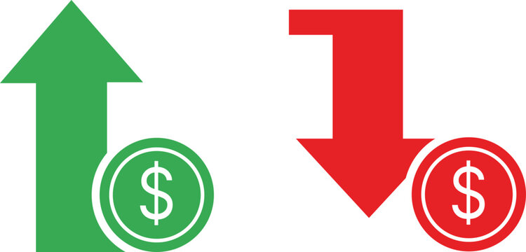 Green arrow up with dollar coin and red arrow down with dollar coin finance money