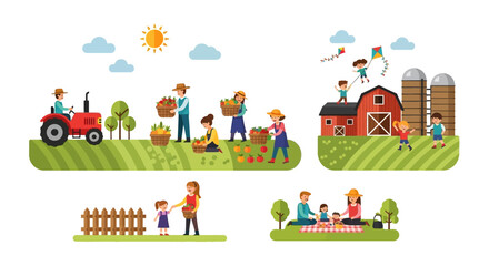 Naklejka premium Cartoon Farm Scenes with People, Tractor, Barn, and Harvest
