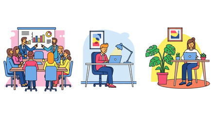 Fototapeta premium Collection of flat line art illustrations showing diverse office work environments, business meetings, and remote work.