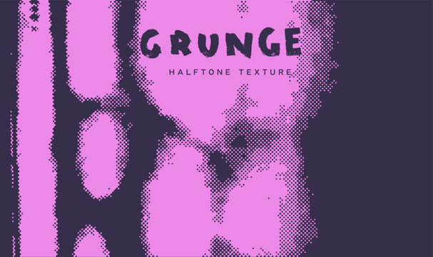 Vector illustration blends grunge halftone texture in bold purple and pink with distressed dot patterns and rugged shapes. Jagged text labels evoke a raw, urban theme of gritty graphic rebellion.