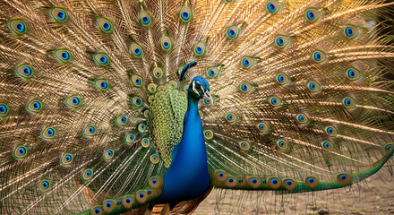 Obraz premium Brilliant Peacock Displaying Feathers Iridescent Plumage Vibrant Colors Exotic Bird Beauty Wildlife Spectacle Showy Ornamentation Graceful