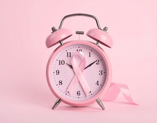 Pink Alarm Clock with Awareness Ribbon on Pink Background