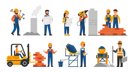 Diverse Construction Workers in Various Poses, Performing Different Tasks.