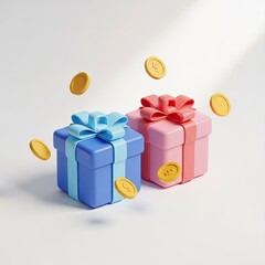 Two Gifts with Ribbons and Falling Coins in Blue and Pink Colors on Clean White