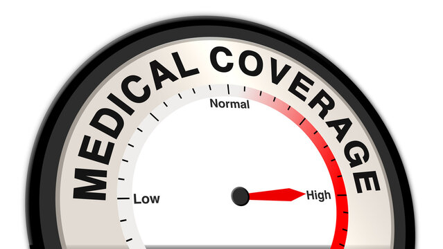 Medical coverage at high level displayed on a barometer or tachometer, reflecting comprehensive health insurance, extensive care, and urgent medical treatments requiring full coverage