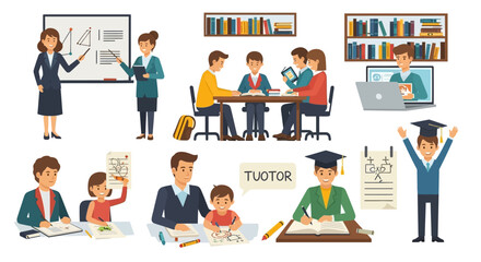 Diverse flat vector illustrations showcasing education, learning, tutoring, and academic achievement.