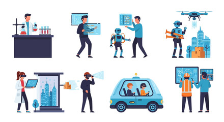 Fototapeta premium Diverse Futuristic Technology and Innovation Scenes Illustrated