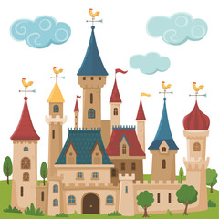 Fototapeta premium A colorful cartoon vector illustration of a pink fairy tale castle with a tower on a hill, creating a whimsical fantasy kingdom home