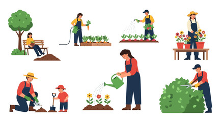 Fototapeta premium Diverse Gardeners Engaged in Various Gardening Activities, Flat Vector Illustration