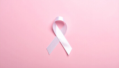 White awareness ribbon on light pink background, support for lung cancer awareness. Minimalist