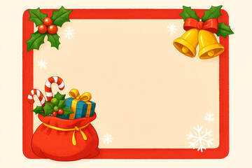 Christmas Frame with Red Border Bells and Gift Bag Holiday Greeting Background