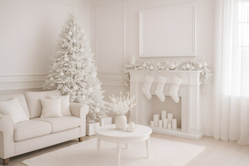 Elegant White Living Room Decorated for Christmas with Fireplace Tree and Holiday Decorations