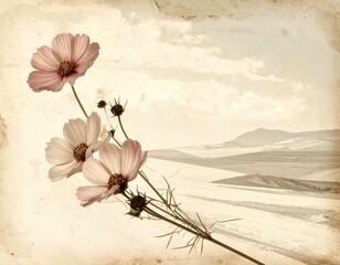 Pink and White Cosmos Flowers with Aged Paper Texture and a Soft Cloudy Sky Landscape Creates Vintage Floral Art Aesthetic