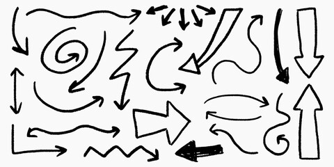 Chalk pencil arrows set. Crayon underlines and swirls, doodle direction pointers in sketch style, grunge texture, scribble.