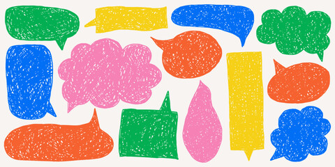Cute childlike sketch borders in bright colors, playful shapes and crayon scribbles, naive speech bubbles with text box chalkboard style.