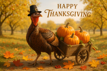 Happy Thanksgiving Greeting with Turkey Wagon Pumpkins and Autumn Forest Background