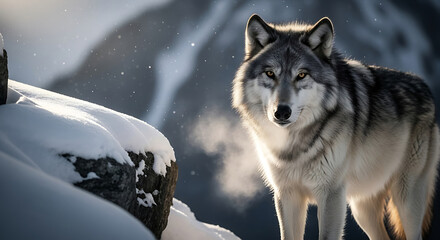Fototapeta premium Grey Wolf Portrait in Snowy Mountain Landscape Powerful Wolf Staring Directly at Camera Winter Wildlife Photography Wild Predator in Cold Environment