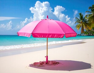 Pink Beach Umbrella on White Sand Beach