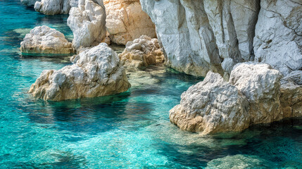 Serene view of crystal clear turquoise water gently flowing around rugged white limestone rocks along a peaceful coastal cliffside on a sunny day