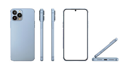 Modern smartphone with multiple views showing back side profile and front screen isolated on transparent background