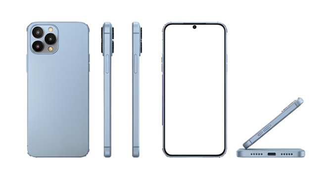 Modern smartphone with multiple views showing back side profile and front screen isolated on transparent background