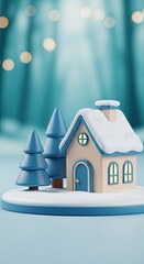 Obraz premium Winter Snow House with Blue Trim, Two Christmas Trees, 3D Rendering and Bokeh Backdrop