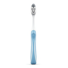 Blue and white toothbrush with grey bristles on white background