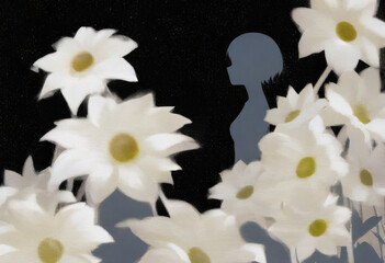 White Daisies With Female Silhouette On Black, Textured Painting With Soft Brush Grain