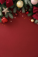 Christmas top border with frosted pine branches, red bows, and glitter stars on red background. Xmas, New Year winter holidays celebration concept