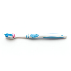 Blue and White Toothbrush with Pink and Blue Bristles Keywords: toothbrush, dental hygiene, oral