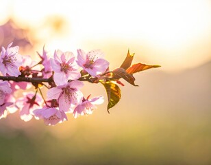 Pink Cherry Blossoms Branch at Sunset