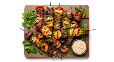 Assorted Grilled Meat and Vegetable Skewers with Hummus