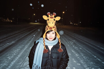 Girl In Giraffe Knit Hat And Blue Scarf At Night Snow Street With Flash Snowflakes