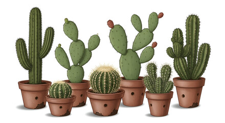 Assorted Potted Cacti and Succulents on White Background Keywords: cactus, cacti, succulent