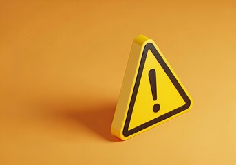 Yellow Warning Sign with Exclamation Mark Icon on Orange Background, High Angle View