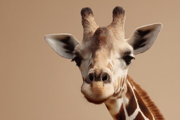 Close-up portrait of a giraffe's face with distinctive markings