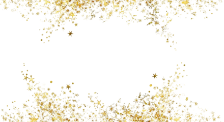 Abstract golden and yellow bokeh sparkles and dust particles forming a decorative frame on a black background isolated on transparent background
