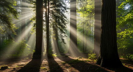 Obraz premium Sunlight Streaming Through Forest Trees in Morning